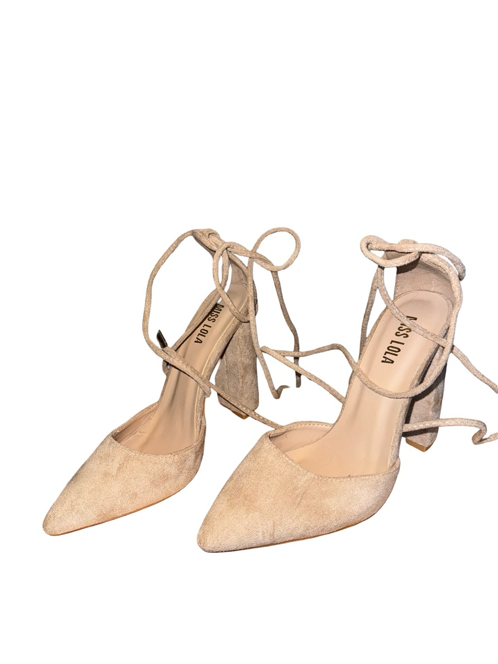 Miss Lola Beige Suede Pointed-Toe Lace-Up Block Heels
